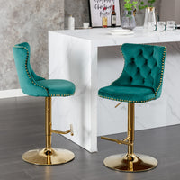 A&A Furniture,Golden Swivel Velvet Barstools Adjusatble Seat Height from 25-33 Inch, Modern Upholstered Bar Stools with Backs Comfortable Tufted for Home Pub and Kitchen Island（Green,Set of 2）