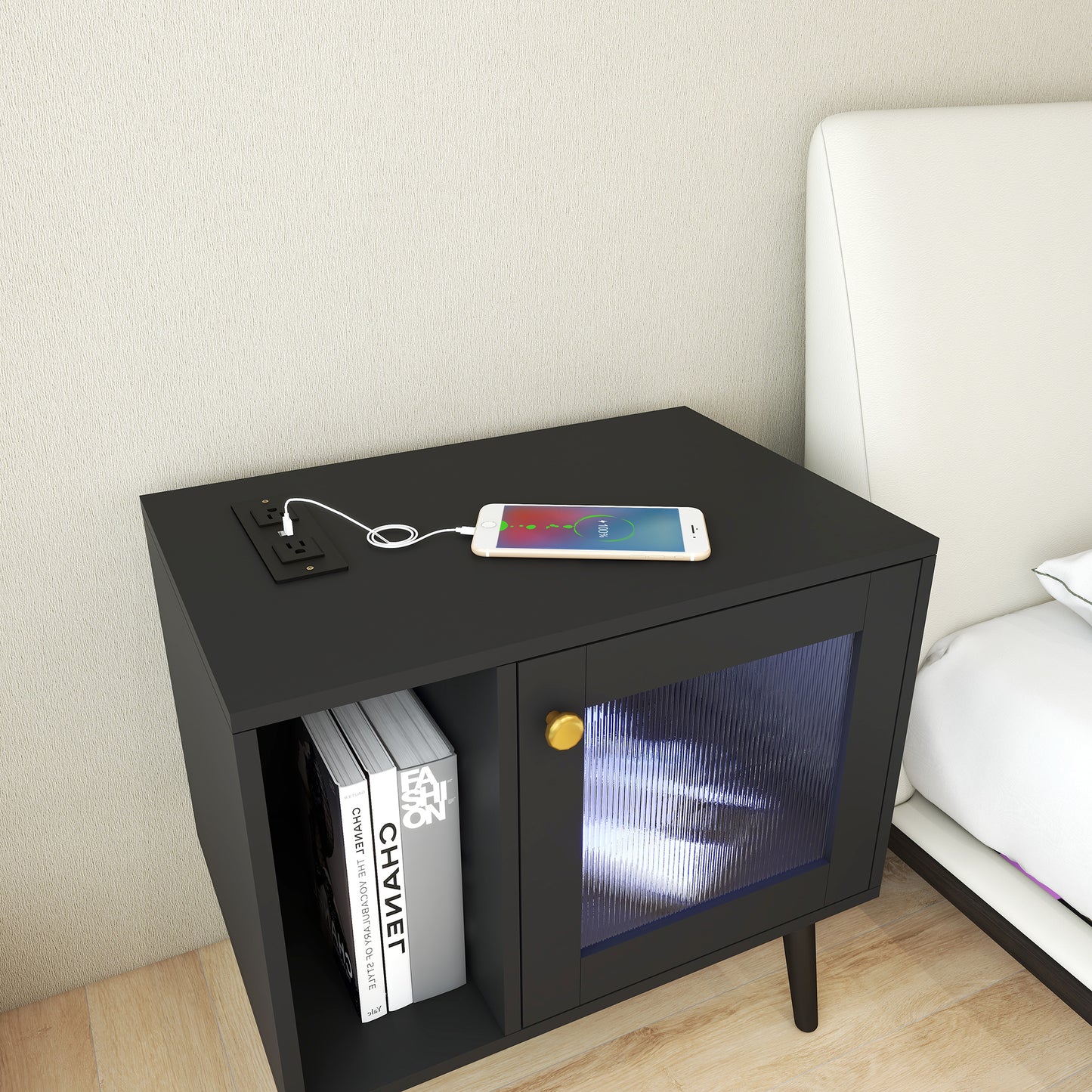 LED Nightstand with Charging Station Modern End Table with Drawer Glass Door Bedside Table for Bedroom Living Room Black