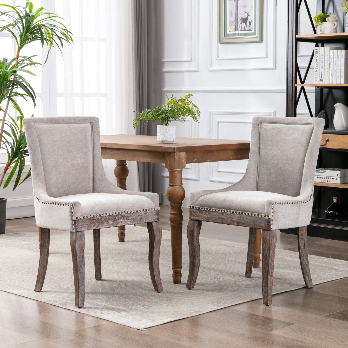 Ultra Side Dining Chair，Thickened fabric chairs with neutrally toned solid wood legs， Bronze nail head，Set of 2，Beige