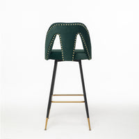 Modern Velvet Upholstered Bar Stool Set of 2 with Nailheads and Gold Tipped Black Metal Legs Green