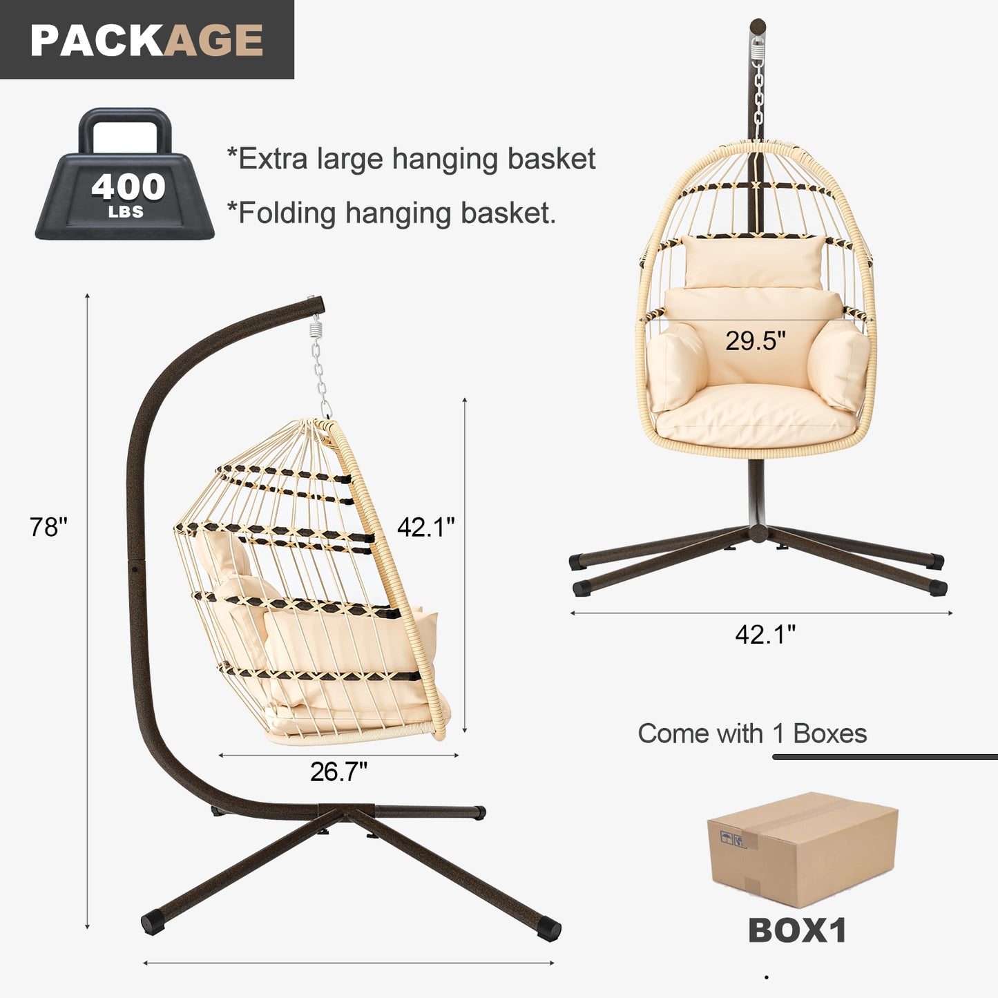 Patio Foldable Hanging Swing Chair with Stand Natural Color