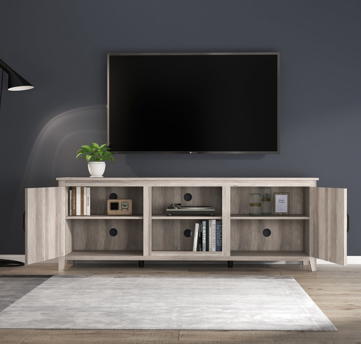 TV Stand Storage Media Console Entertainment Center with Two Doors in Grey Walnut Finish