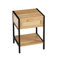 15.74 Inch Rattan End Table with Drawer Modern Nightstand Metal Legs Side Table for Living Room Bedroom Natural Finish