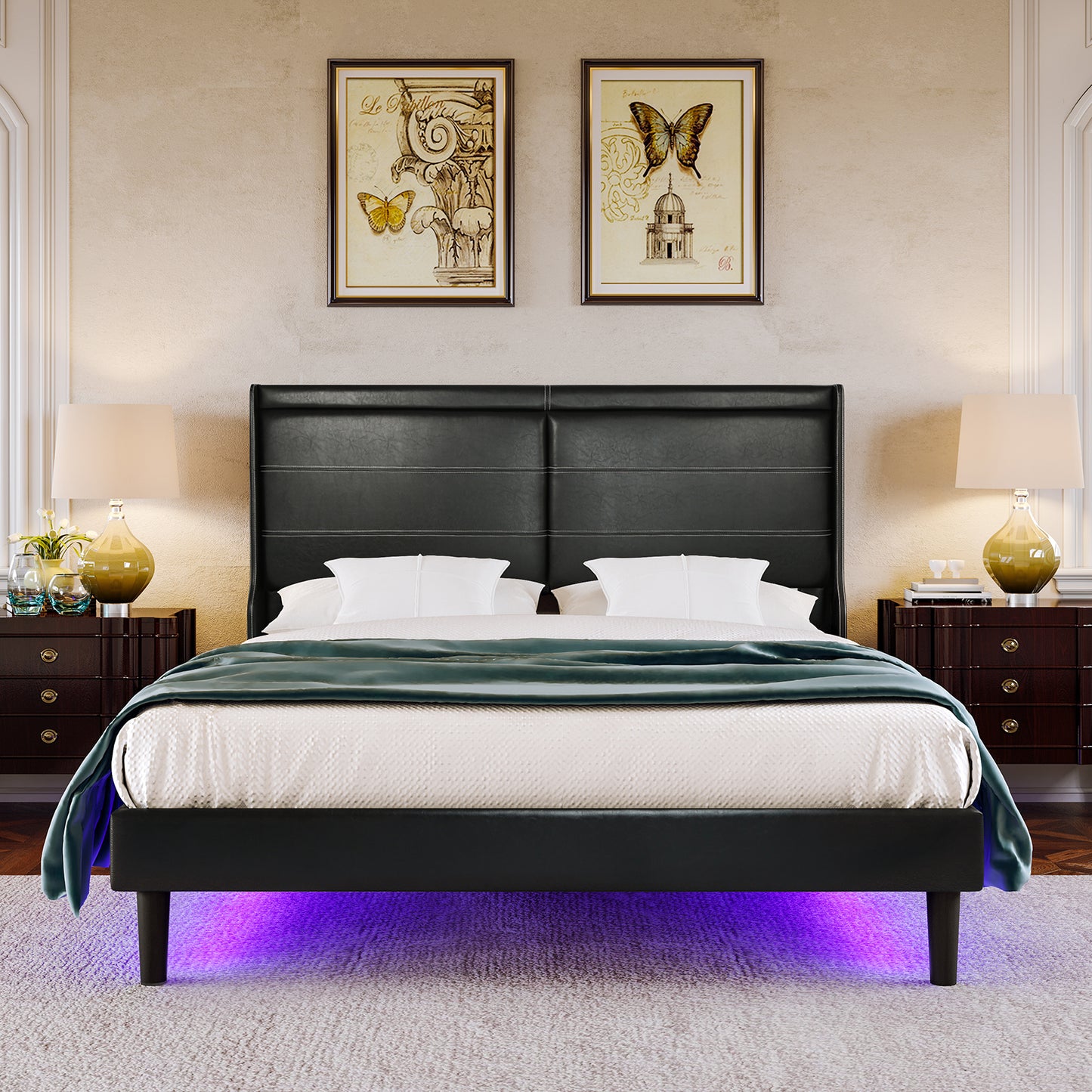 Queen PU Leather Upholstered Bed Frame with LED Lights Wing-Back Headboard Strong Wooden Slats No Box Spring Black