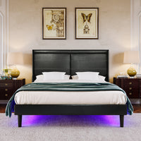 Queen PU Leather Upholstered Bed Frame with LED Lights Wing-Back Headboard Strong Wooden Slats No Box Spring Black