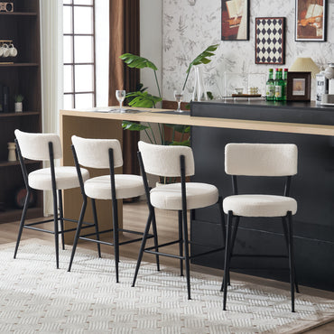Beige Modern Teddy Fabric Bar Stools Set of 2 Stylish Metal Base High Seating for Kitchen Dining Living Room