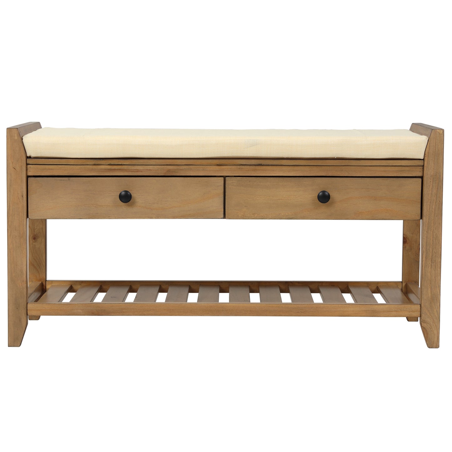 Multipurpose Entryway Storage Bench with Cushioned Seat and Drawers Old Pine Shoe Rack