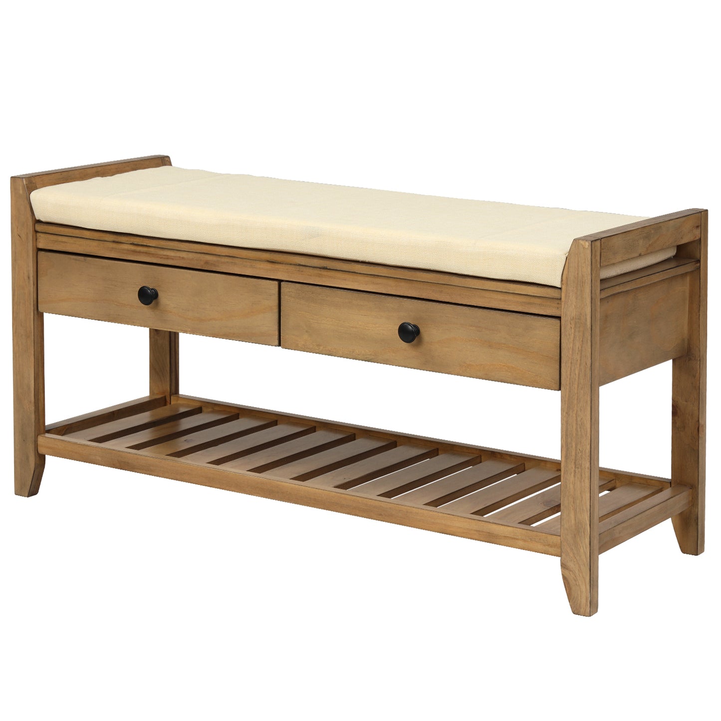 Multipurpose Entryway Storage Bench with Cushioned Seat and Drawers Old Pine Shoe Rack