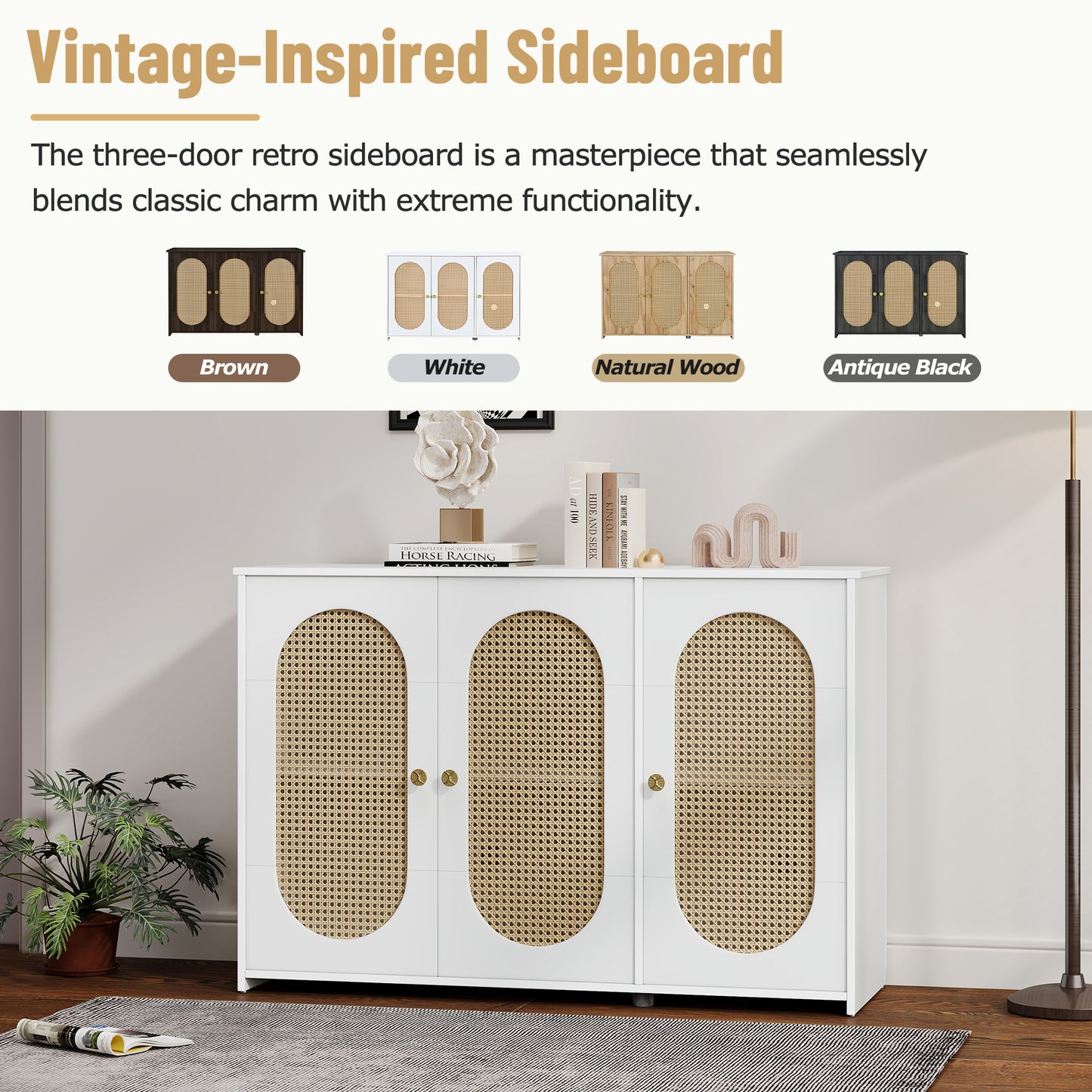 Retro 3-Door Accent Cabinet with Rattan Doors and Metal Handles for Living Room and Hallway Storage White