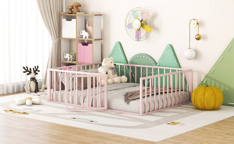 Full Size Metal Floor Bed Frame with Fence and Door, Pink