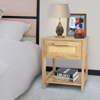 Nightstand Set of 2 with 2 Drawers and Open Storage Shelves, Rattan Design, Natural Color, Small Dresser for Bedroom, Bedside Furniture