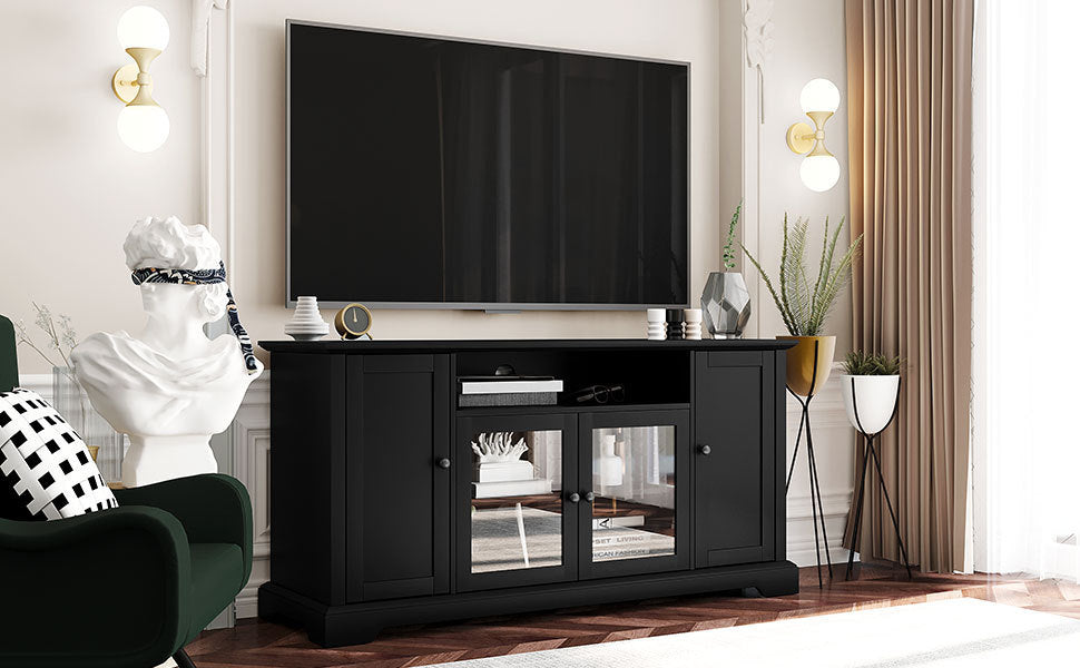 TV Stand for 65 Inch TV with Adjustable Panels and 2 Tempered Glass Doors Open Style Cabinet Sideboard for Living Room Black