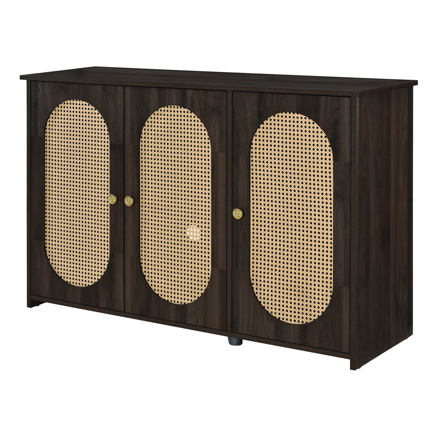 Retro 3-Door Accent Cabinet with Rattan Doors and Metal Handles for Living Room and Hallway Storage Brown