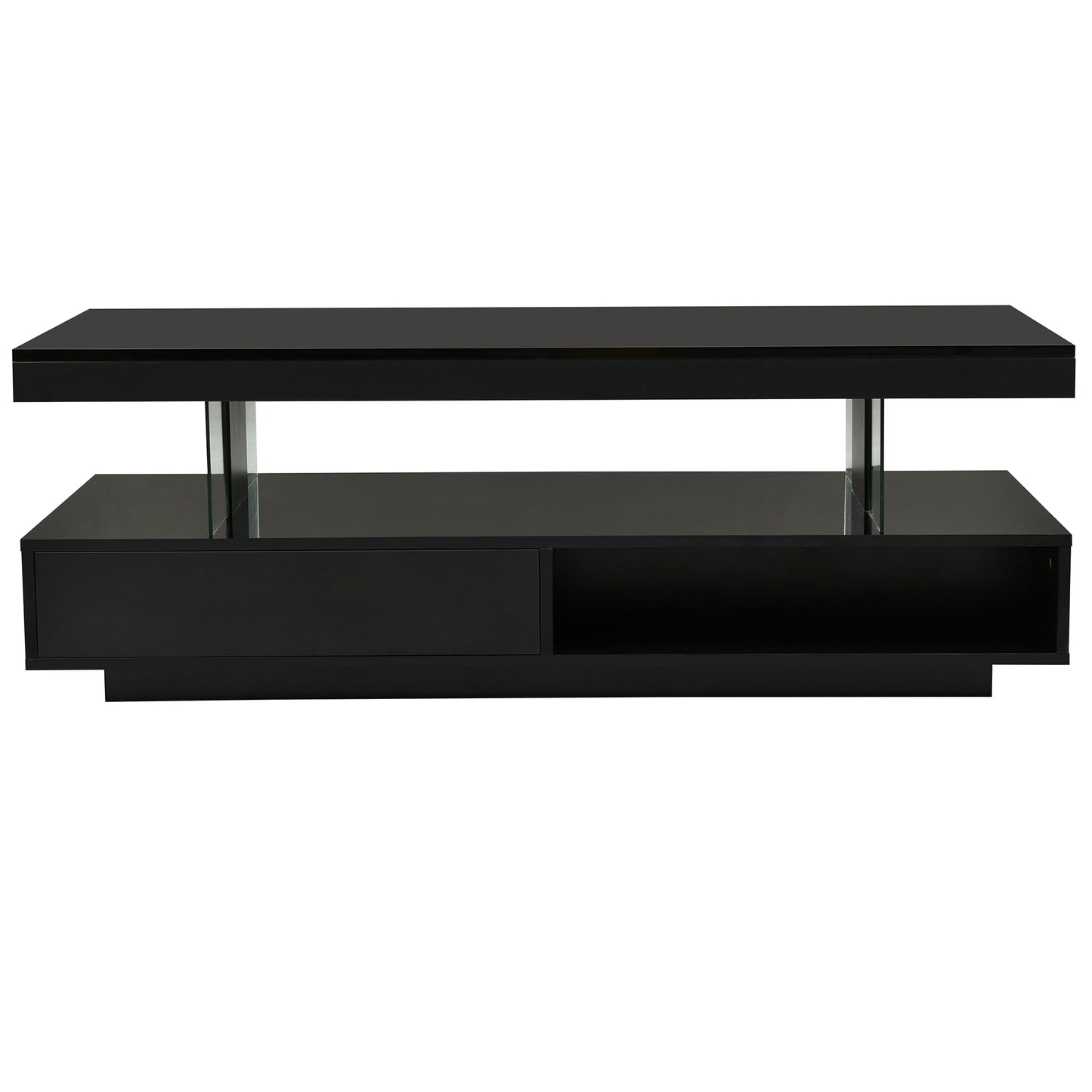 Modern LED Coffee Table with Storage and Display Shelves, Black Center Table with 2 Drawers for Living Room