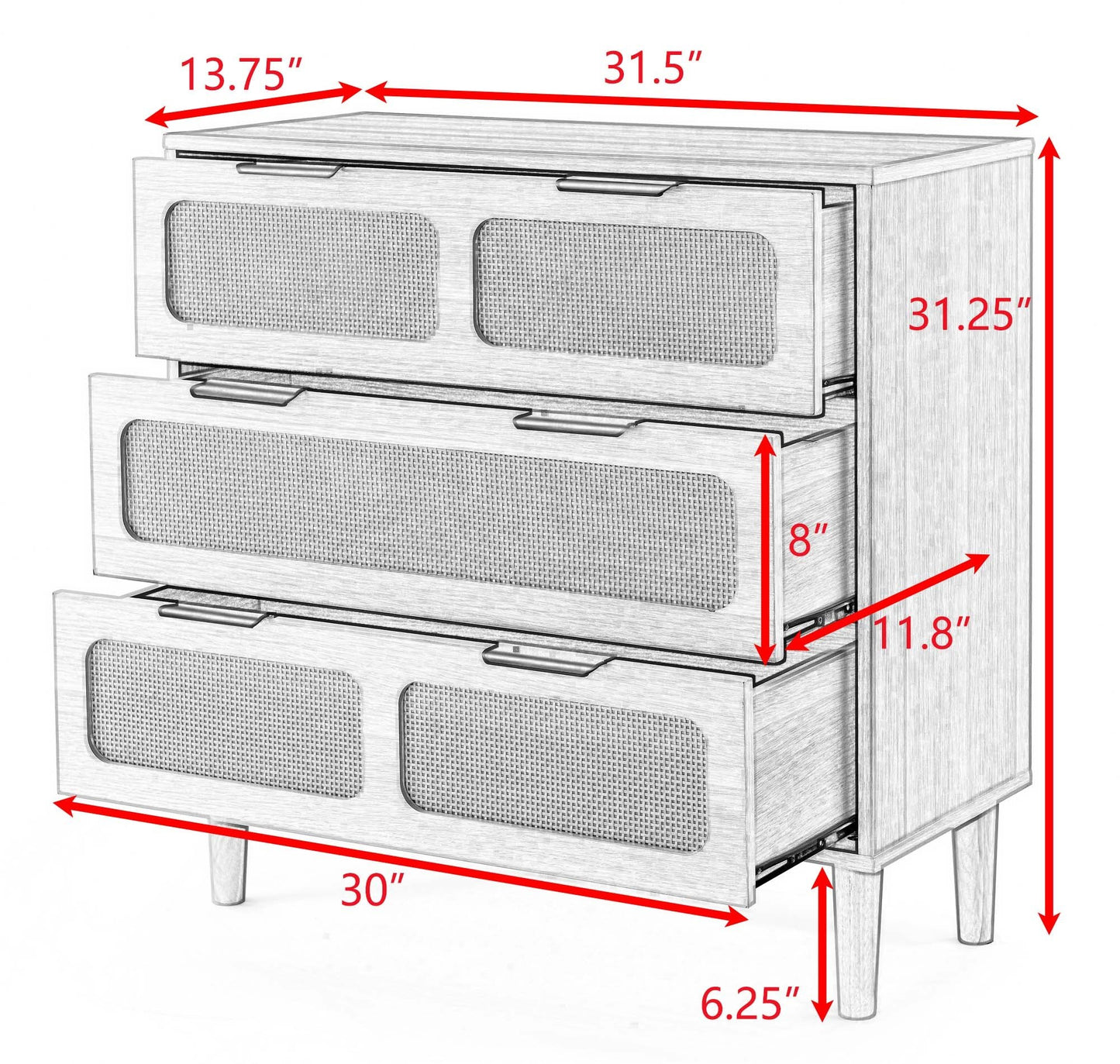 Modern Rattan Dresser Cabinet with Wide Drawers and Metal Handles for Farmhouse Style Storage in Bedroom Living Room Hallway