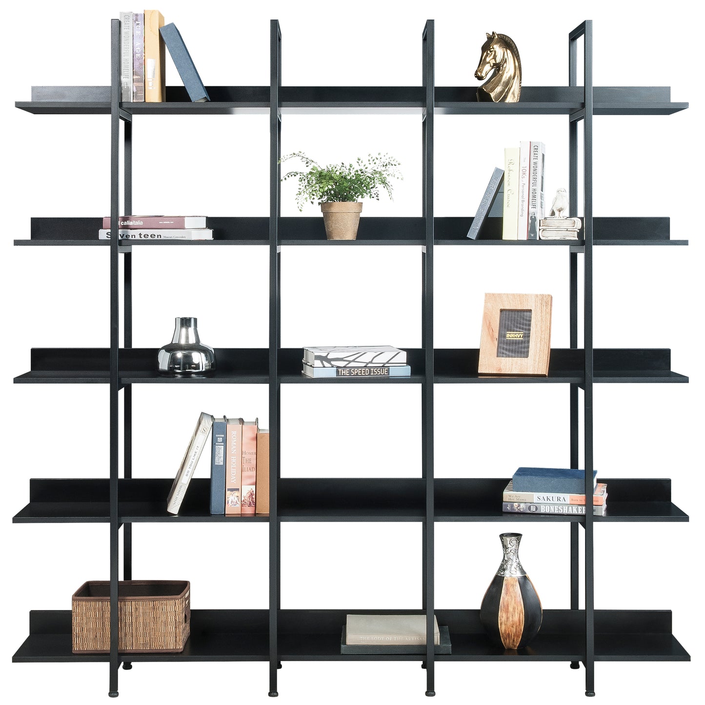 5 Tier Bookcase Home Office Open Bookshelf, Vintage Industrial Style Shelf With Metal Frame, MDF Board