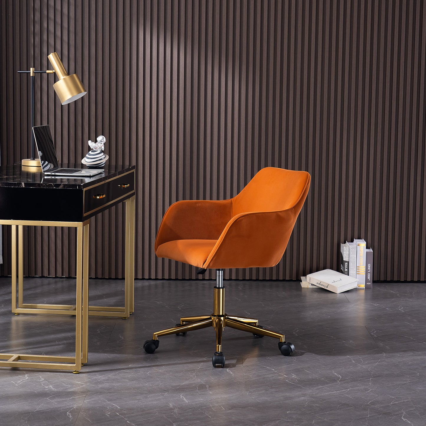 Modern Velvet Adjustable Height 360 Revolving Home Office Chair Gold Metal Legs Universal Wheels Indoor Orange