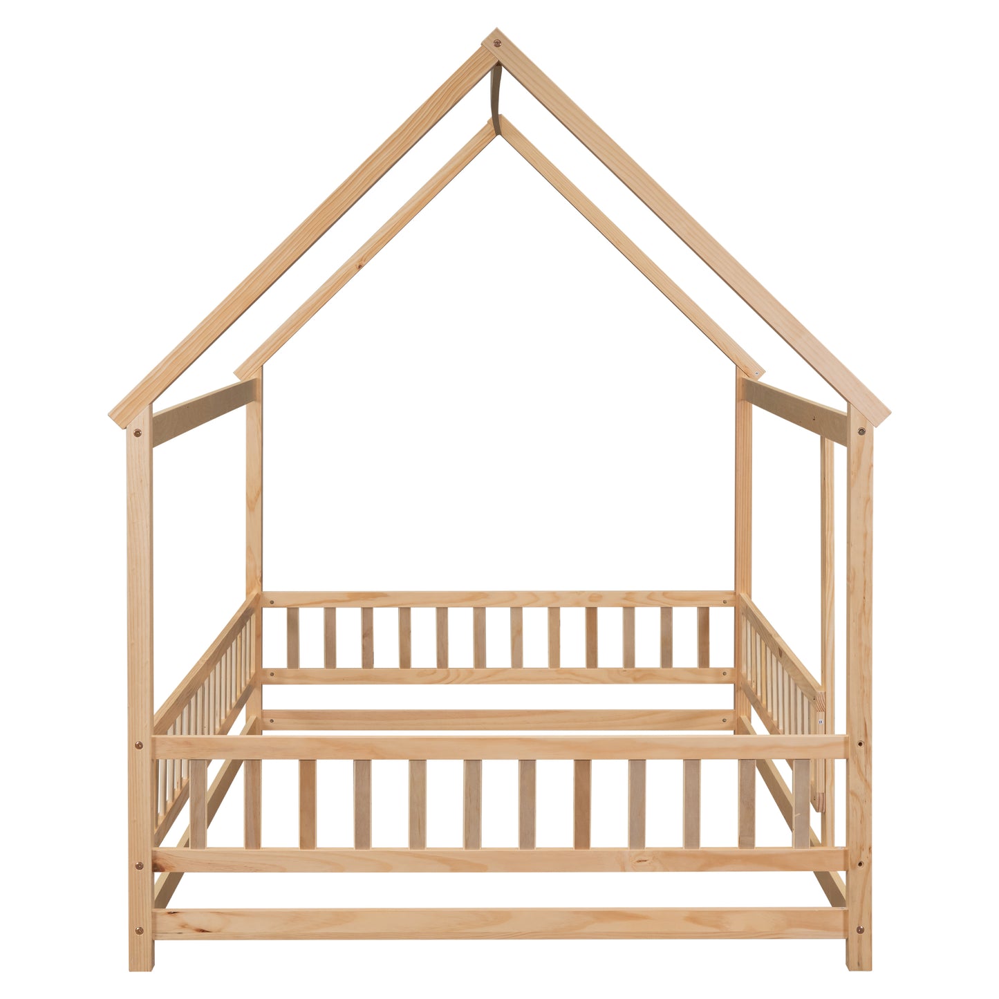 Full Size Floor Wooden Bed with House Roof Frame, Fence Guardrails ,Natural