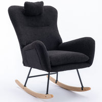 Black 35.5 Inch Soft Teddy Fabric Wingback Rocking Chair with Pocket Solid Wood Base for Nursery Living Room Bedroom