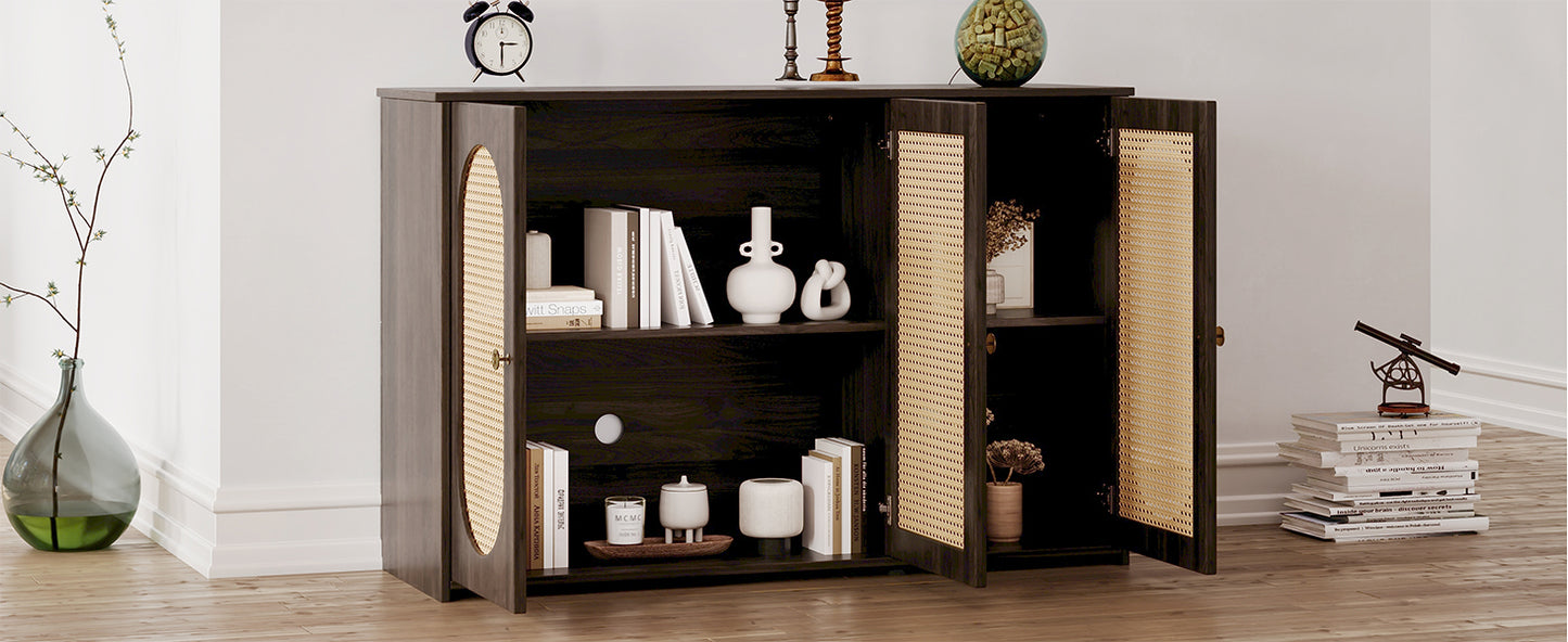 Retro 3-Door Accent Cabinet with Rattan Doors and Metal Handles for Living Room and Hallway Storage Brown