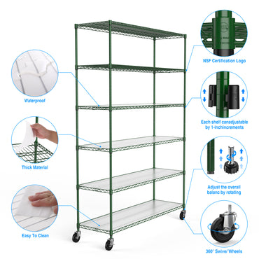 Heavy Duty 6 Tier Wire Shelving Unit 6000 LBS Capacity Height Adjustable Metal Garage Storage Shelves with Wheels Green