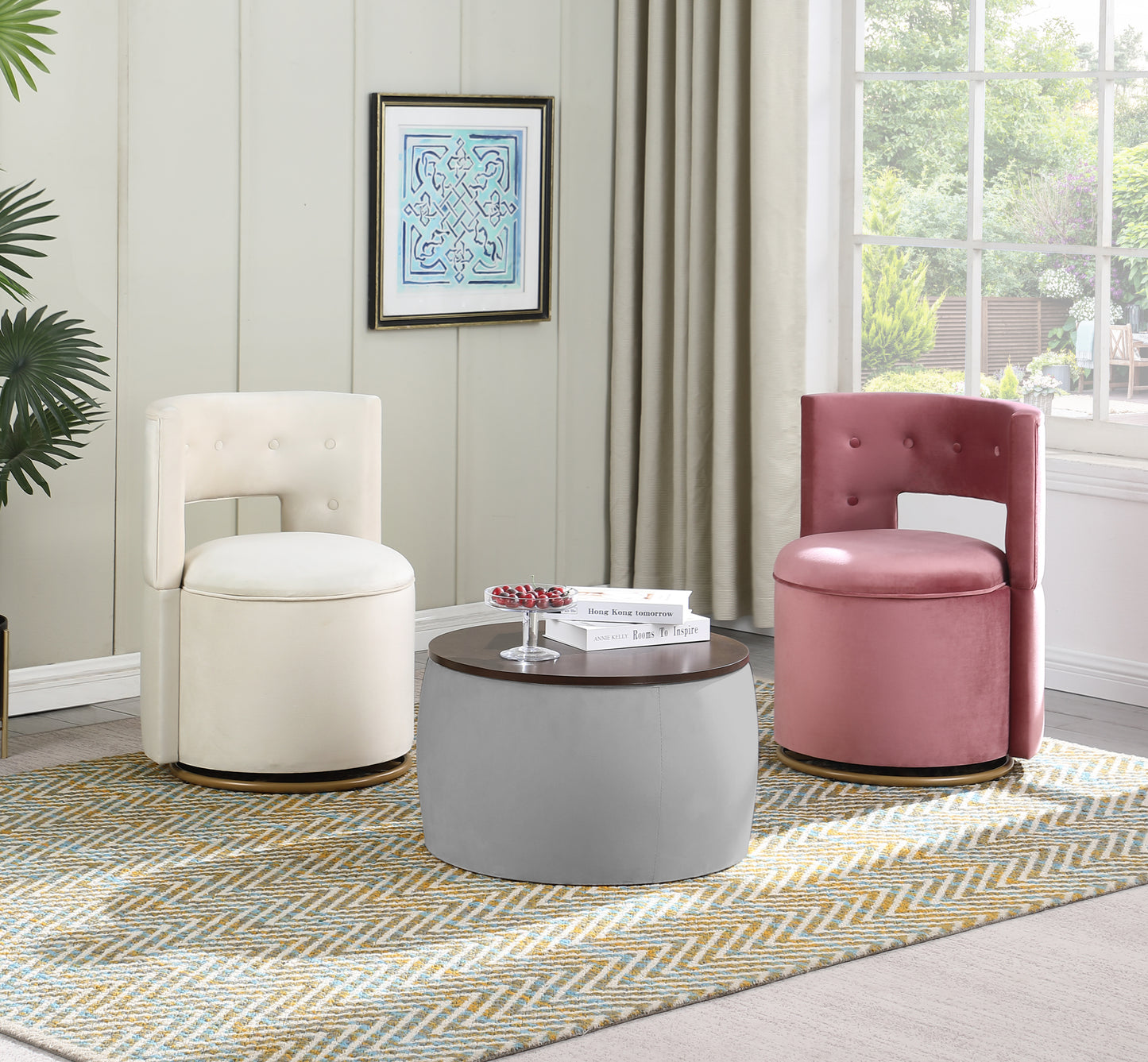 Round Ottoman Set with Storage 2 in 1 Coffee Table and Square Foot Rest Footstool for Living Room Bedroom Office