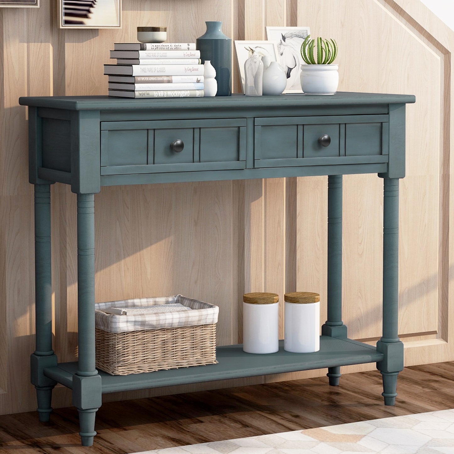 Traditional Console Table with Two Drawers and Bottom Shelf in Navy Finish