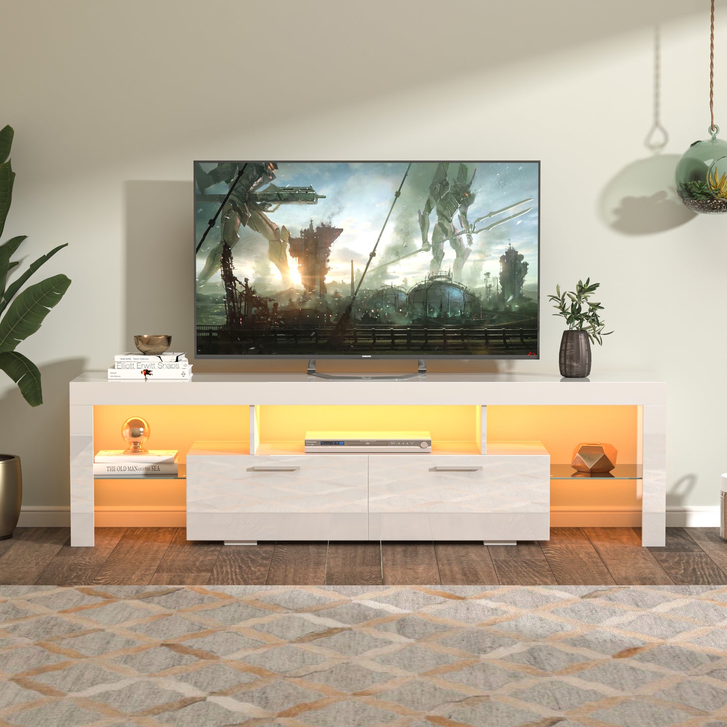 Modern White TV Stand with LED Light Belt, Remote Control, Toughened Glass Shelf, and Metal Handles - Stylish Entertainment Center