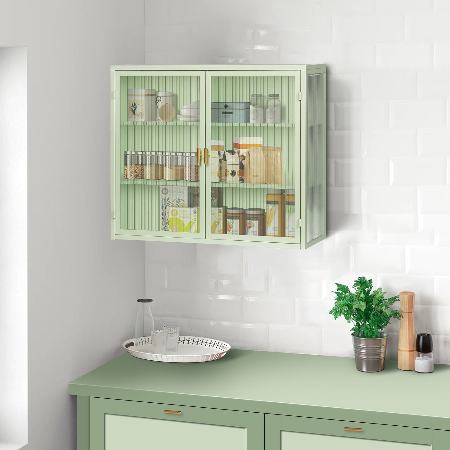 Modern Two-Door Glass Wall Cabinet with Three-Tier Storage for Entryway Living Room Bathroom Dining Room Mint Green