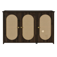 Retro 3-Door Accent Cabinet with Rattan Doors and Metal Handles for Living Room and Hallway Storage Brown