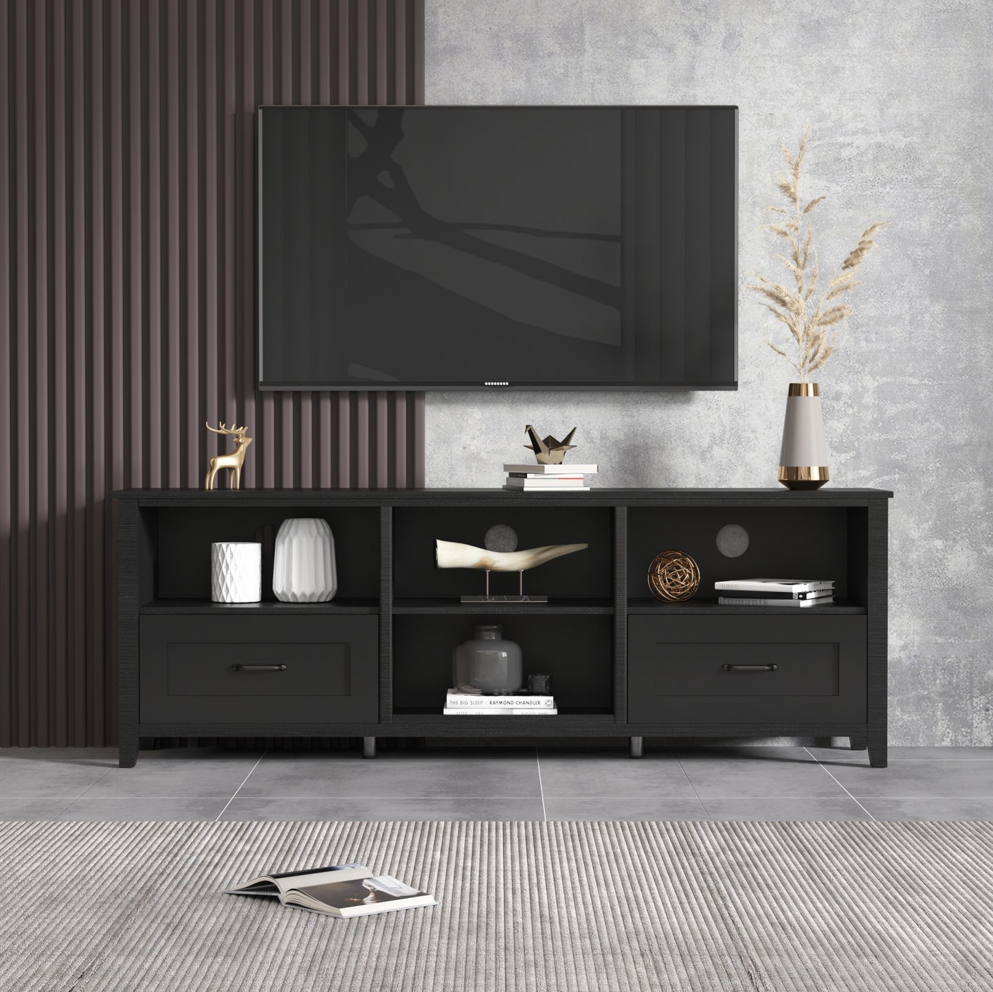 70 Inch Black TV Stand for Living Room and Bedroom with 2 Drawers and 4 Storage Compartments