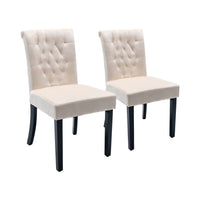 Tufted High Back Velvet Dining Chair Set of 2 Beige Solid Wood Frame Accent Chairs