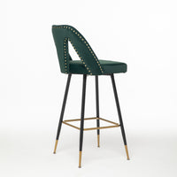 Modern Velvet Upholstered Bar Stool Set of 2 with Nailheads and Gold Tipped Black Metal Legs Green