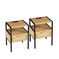 Set of 2 Rattan End Tables with Power Outlet USB Ports Modern Nightstand Drawer Metal Legs Side Table for Living Room Bedroom Natural