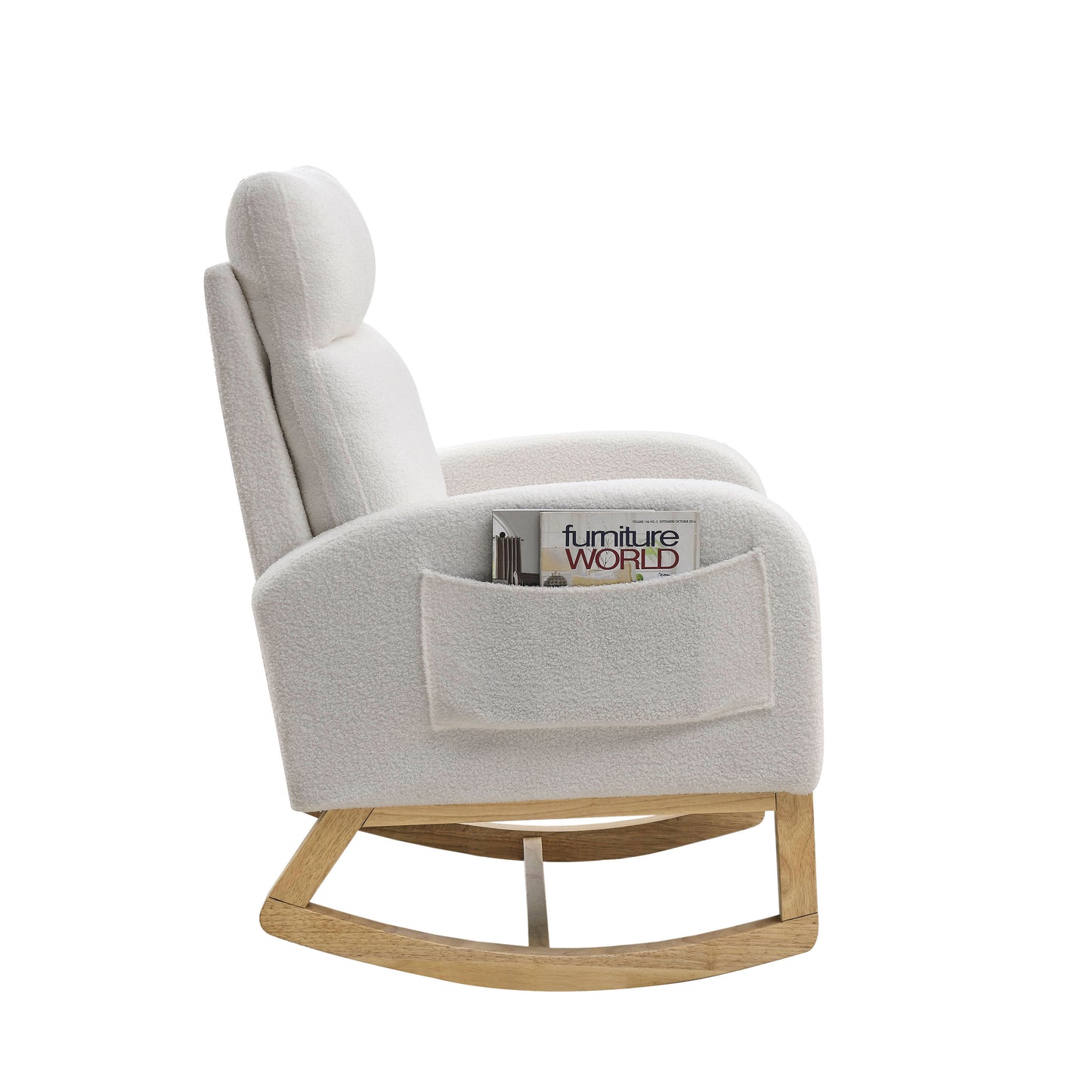 Modern Accent High Backrest Lounge Arm Rocking Chair with Two Side Pockets Teddy White Ivory