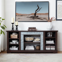 TV Media Stand with with Faux Stacked Stone Surround, Modern Entertainment Console with Open Storage Space, Cherry, 58.31"W*15.39"D*26.06"H