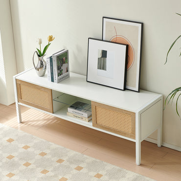 Rattan TV Cabinet with Color Changing Light Strip Double Sliding Doors Adjustable Shelf Metal Legs for Living Room White