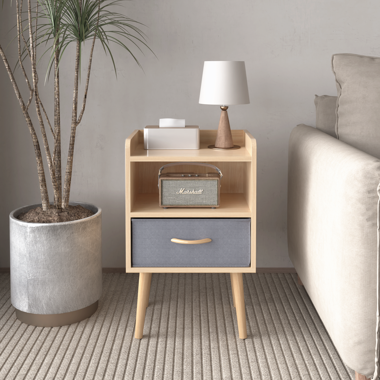 Collapsible Fabric Drawer Nightstand 2-Tier Storage End Table Wood Side Table with Storage Cabinet for Kids and Adults Oak