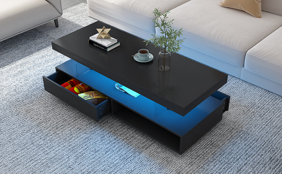 Modern LED Coffee Table with Storage and Display Shelves, Black Center Table with 2 Drawers for Living Room