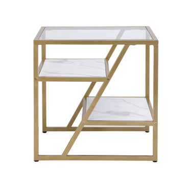 Golden Side Table with Storage Shelf Tempered Glass Top Metal Frame for Living Room and Bedroom