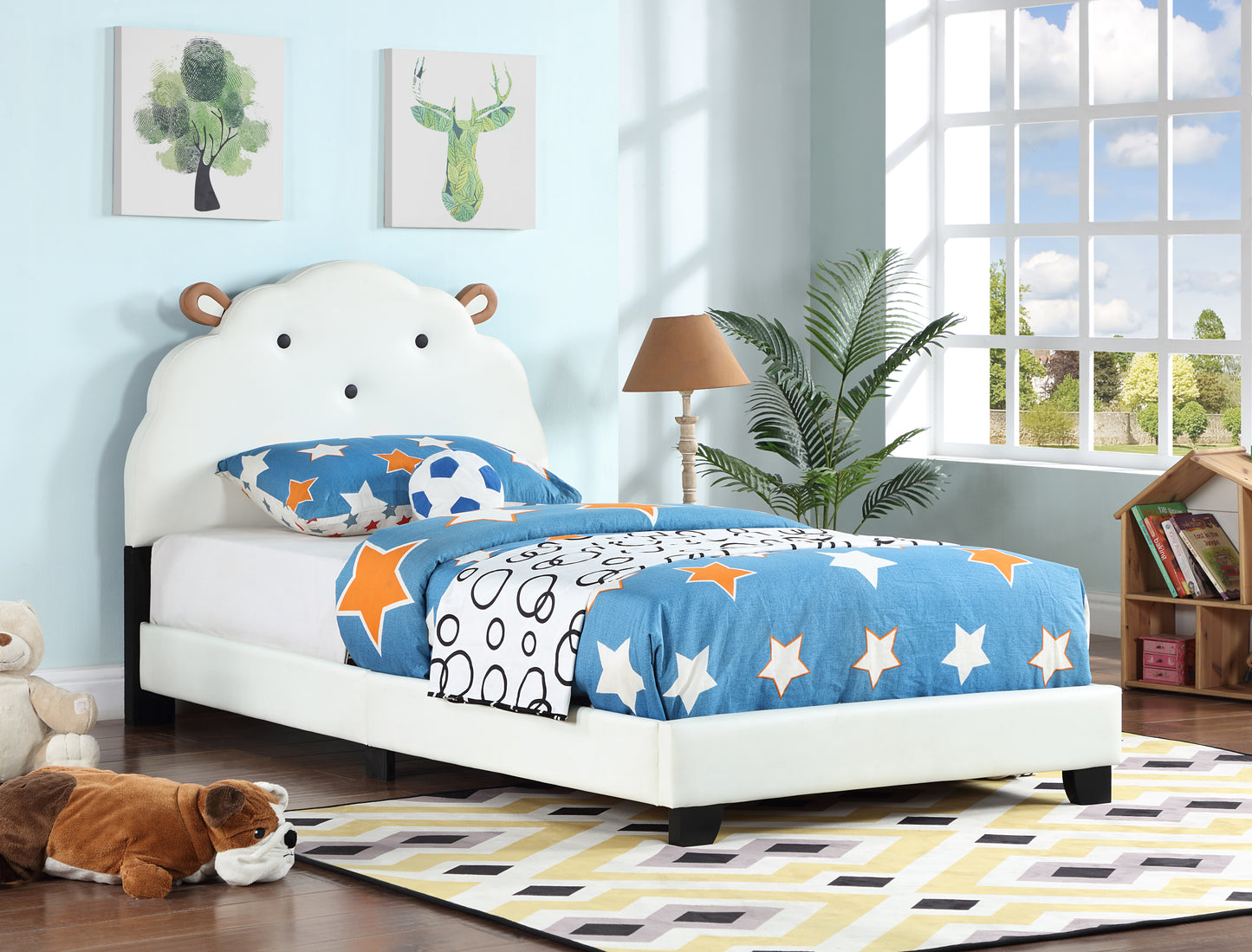 Upholstered Twin Platform Bed for Kids with Sheep Headboard White Wooden Frame No Box Spring Needed