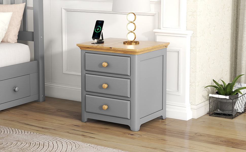 Wooden Nightstand with USB Charging Ports Three Drawers End Table for Bedroom Gray Natural Finish