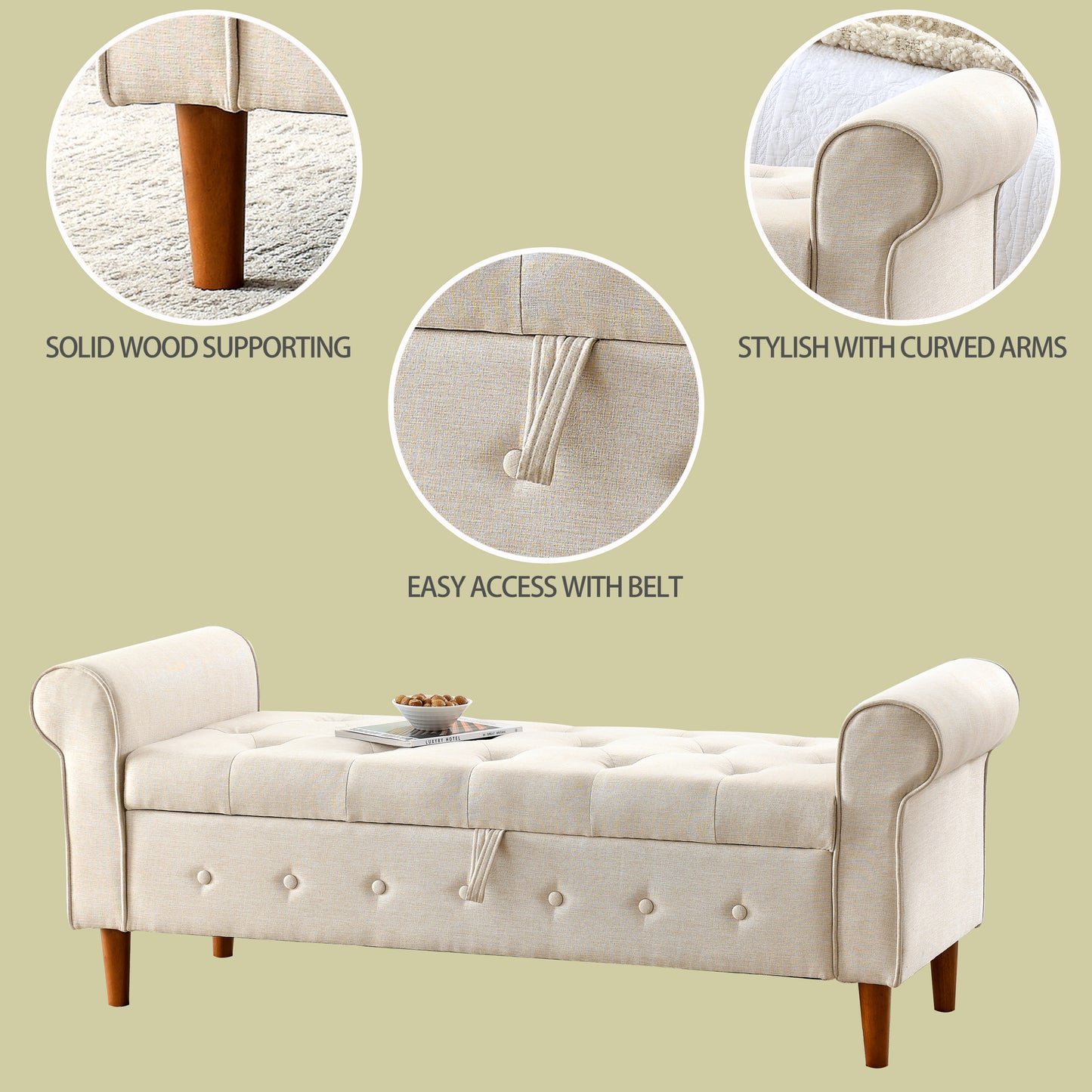 62 Inch Tufted Button Storage Bench Modern Fabric Ottoman Rolled Arm Design for Bedroom Living Room Foyer Beige