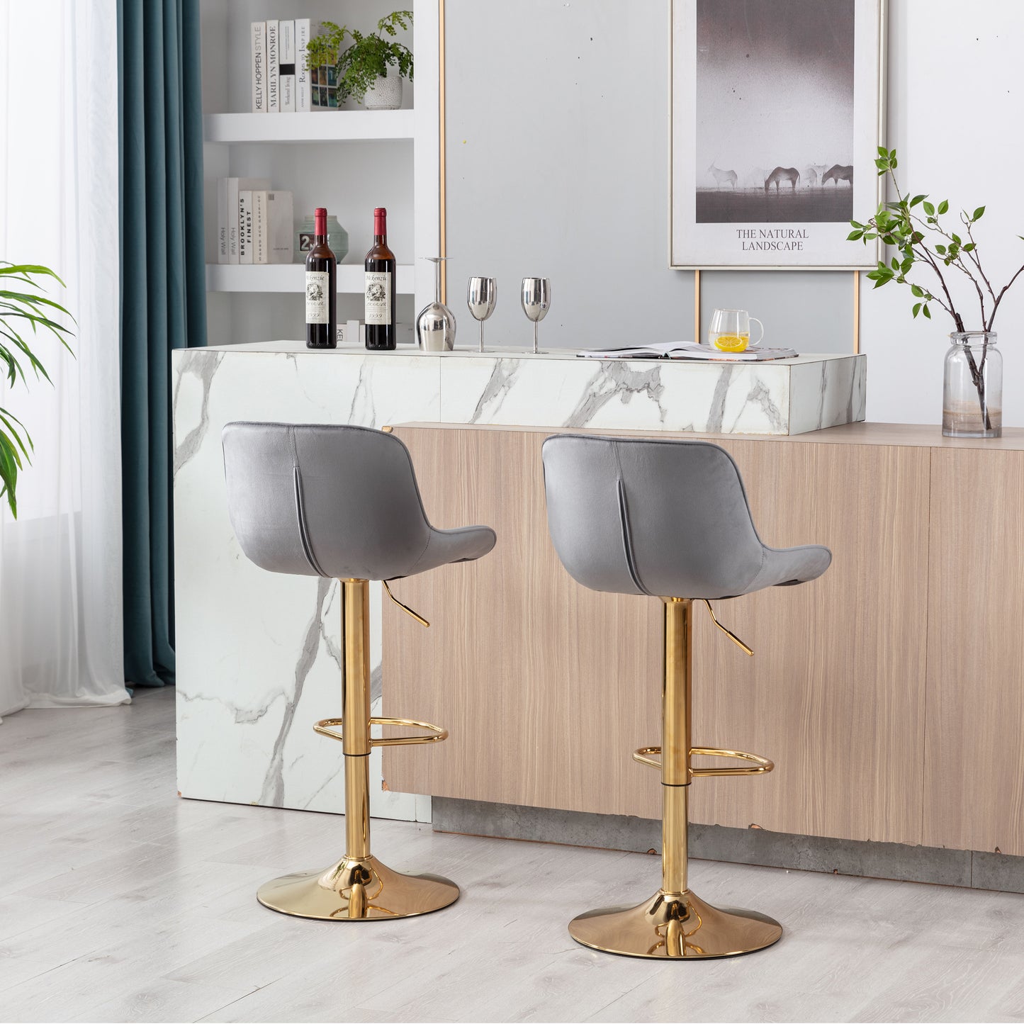 Chrome Footrest And Base Swivel Height Adjustable Mechanical Lifting Velvet + Golden Leg Simple Bar Stool,Set Of 2