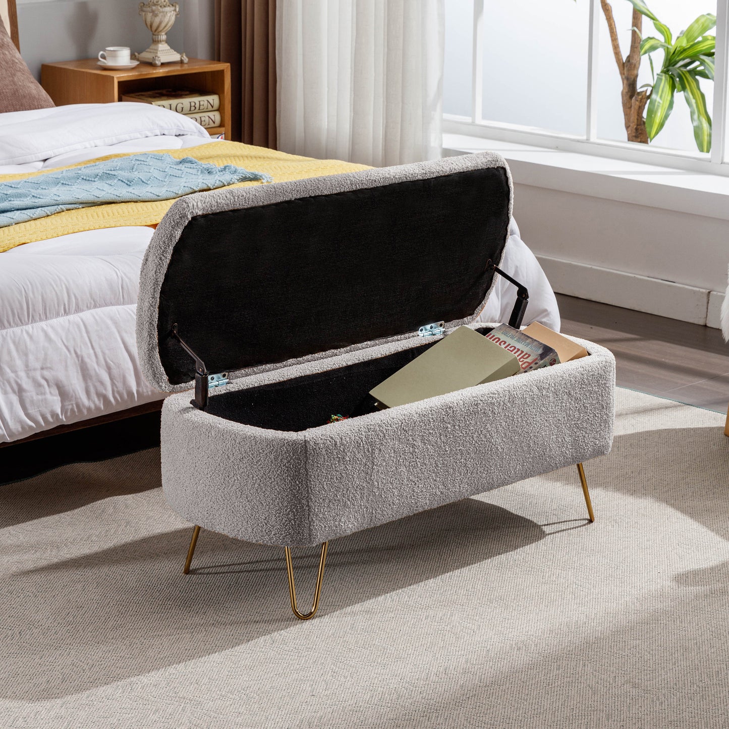 Grey Storage Ottoman Bench for End of Bed with Gold Legs Modern Faux Fur Upholstered Padded Entryway Bench for Living Room Bedroom