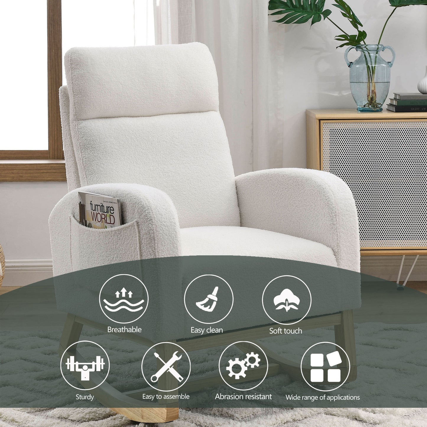 Modern Accent High Backrest Lounge Arm Rocking Chair with Two Side Pockets Teddy White Ivory