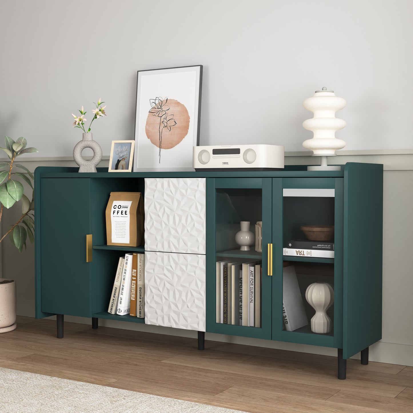 Modern 55 Coffee Bar Storage Cabinet with 2 Drawers and Glass Doors for Kitchen and Living Room Green