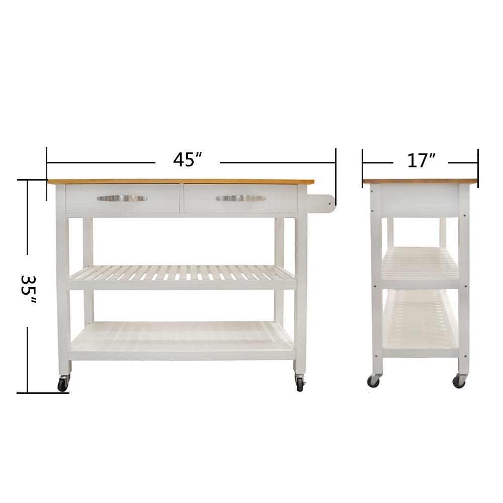 Mobile Kitchen Island with Rubber Wood Top, Lockable Wheels, Simple Design, Two Drawers for Utensil Storage, Easy to Move and Store