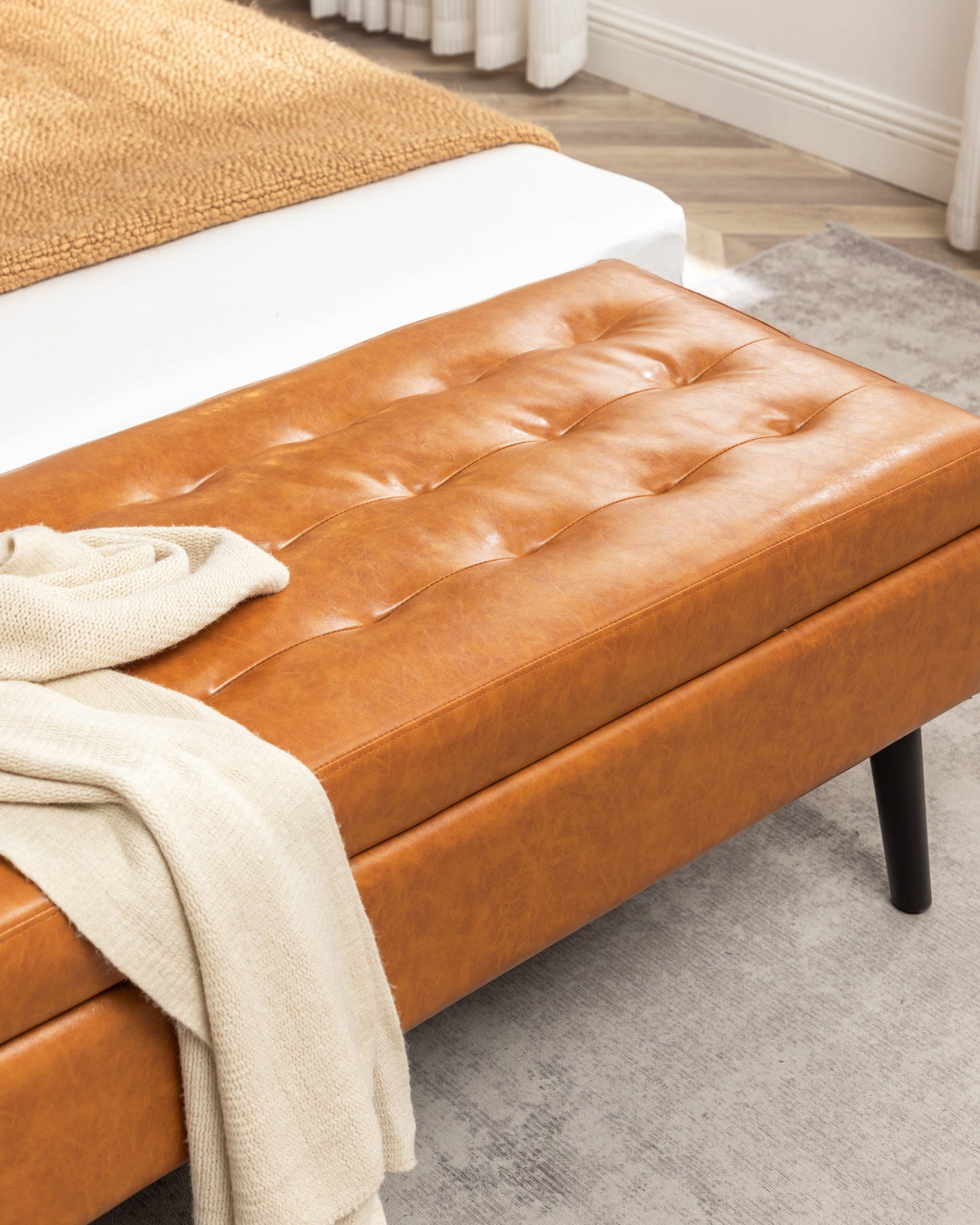 Brown Leather Storage Bench for Bedroom Entryway 43.3" Stylish Ottoman at Foot of Bed