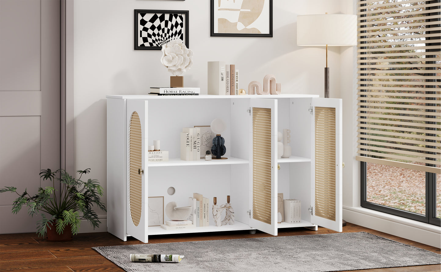 Retro 3-Door Accent Cabinet with Rattan Doors and Metal Handles for Living Room and Hallway Storage White